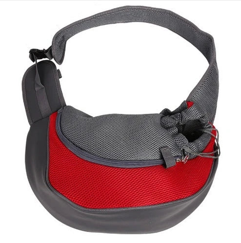 Premium soft pet sling carrier with padded mesh fabric and adjustable leather strap for hands-free convenience and pet comfort