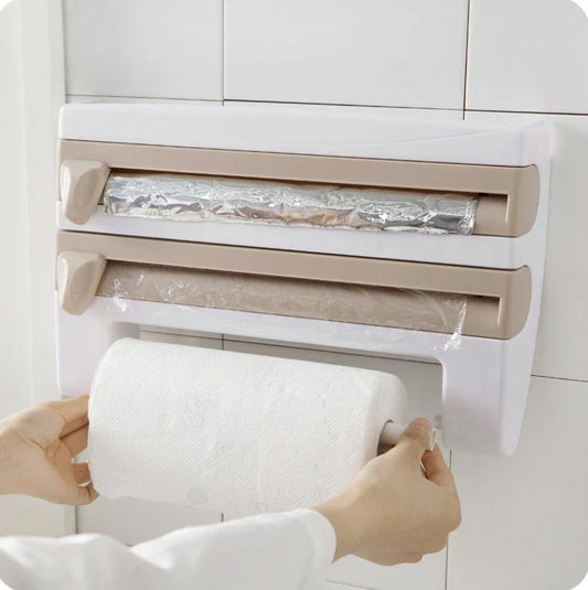 Premium wall-mounted cling film dispenser and cutter with compartments for storing and cutting kitchen wraps