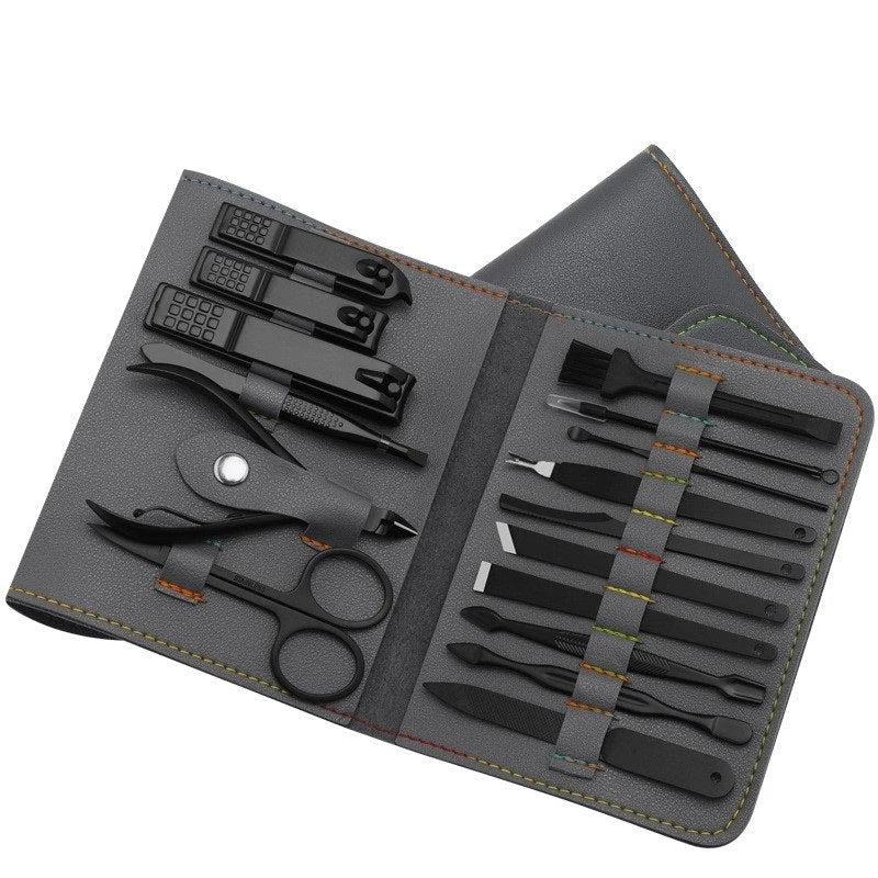 A 16-piece premium manicure and pedicure set with stainless steel tools and a stylish leather case