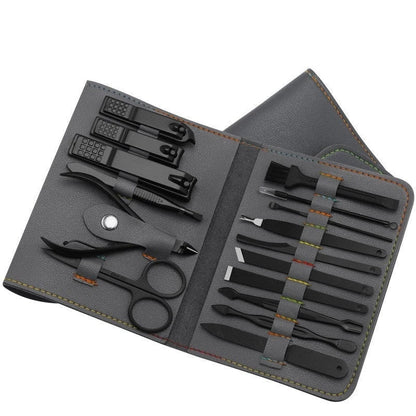 A 16-piece premium manicure and pedicure set with stainless steel tools and a stylish leather case