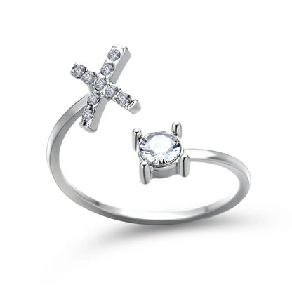 Customizable adjustable ring with 26 letters for women, featuring zircon stones and copper alloy construction