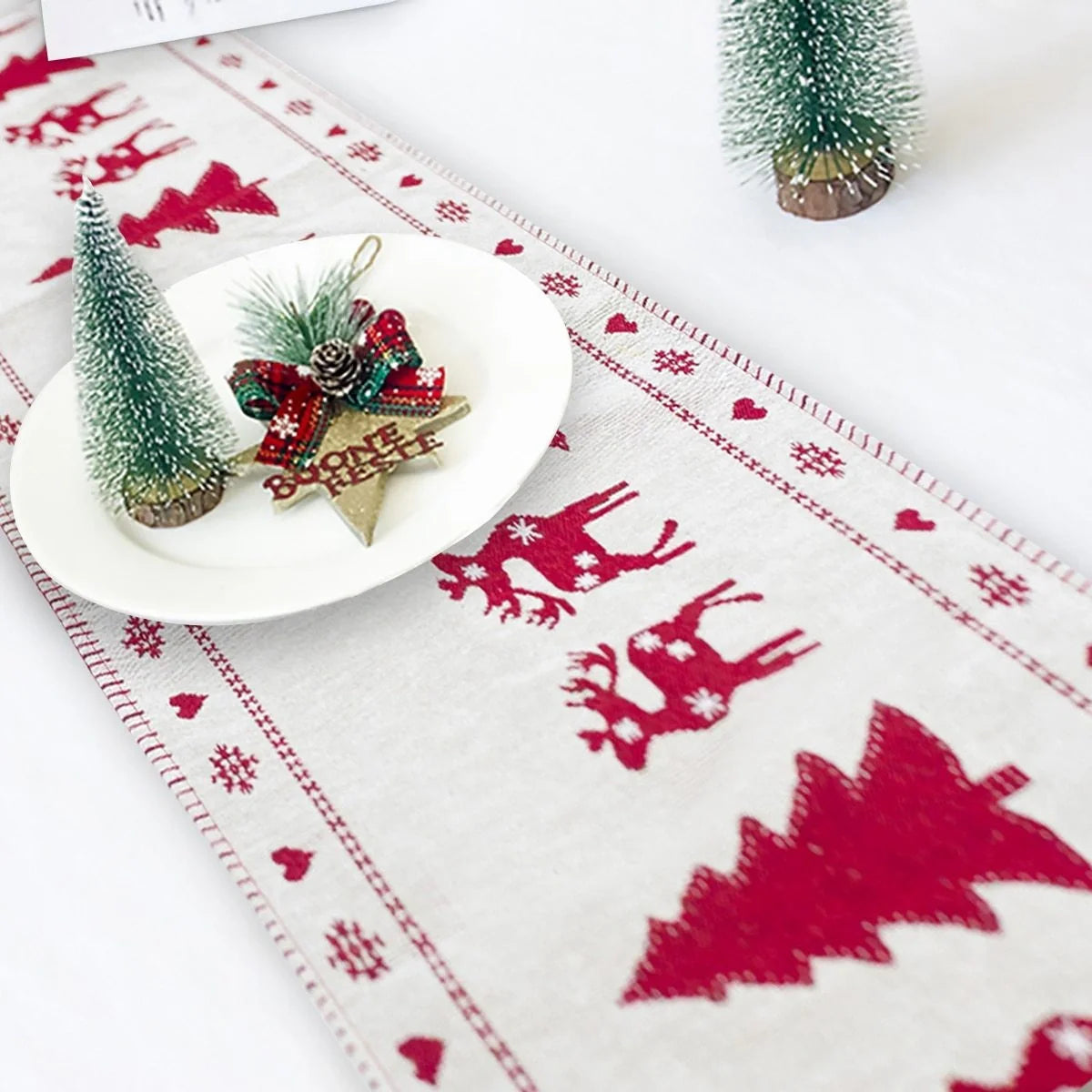 Christmas Elk Snowman Table Runner on a dining table, festive holiday decor