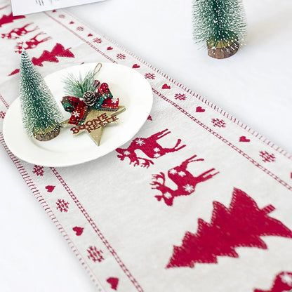 Christmas Elk Snowman Table Runner on a dining table, festive holiday decor