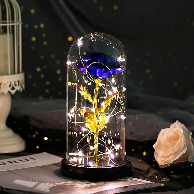 Enchanted Forever Rose in Glass LED Light decoration with realistic rose and wooden base