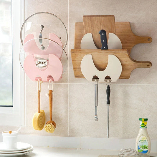 Wall-mounted kitchen organiser with double-layer storage and hooks for utensils