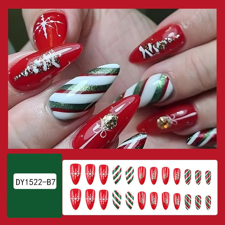 24pcs Christmas false nails with hat striped snowflake design for holiday parties