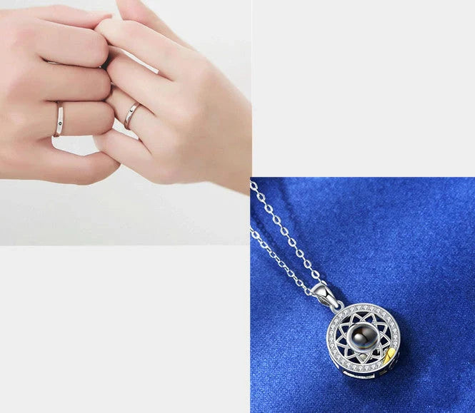 Sun and Moon Couple Necklaces with 100 Languages I Love You Projection in silver and gold