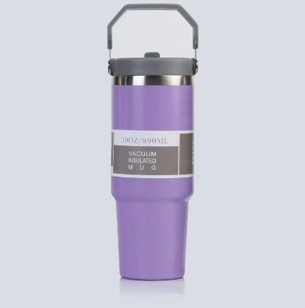 Stainless steel insulated tumbler with handle, available in multiple colors and sizes, designed to keep drinks hot or cold for hours.