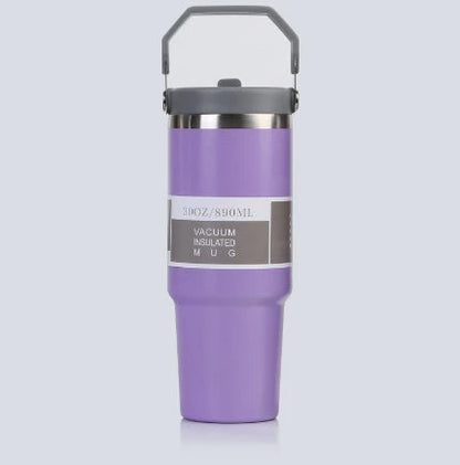 Stainless steel insulated tumbler with handle, available in multiple colors and sizes, designed to keep drinks hot or cold for hours.