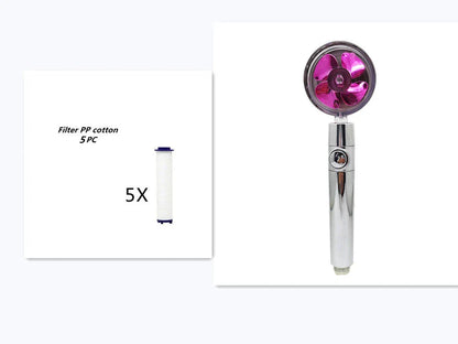 A high-pressure shower head with a stop button, cotton filter, and powerful water pressure for a luxurious bathing experience.