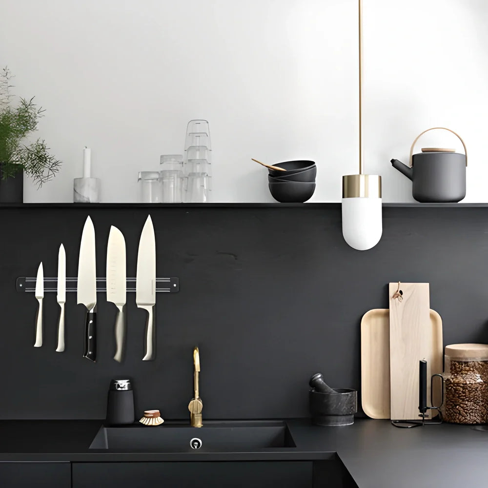 Sleek 33cm Magnetic Wall-Mounted Knife and Tool Holder in stainless steel with powerful neodymium magnets