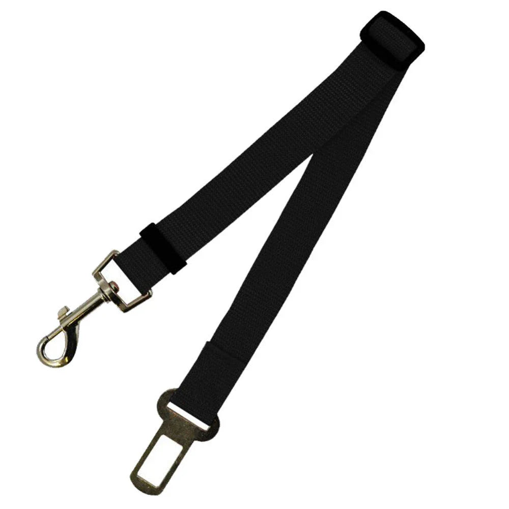 Adjustable dog seatbelt made of durable nylon material with heavy-duty hardware for secure pet travel