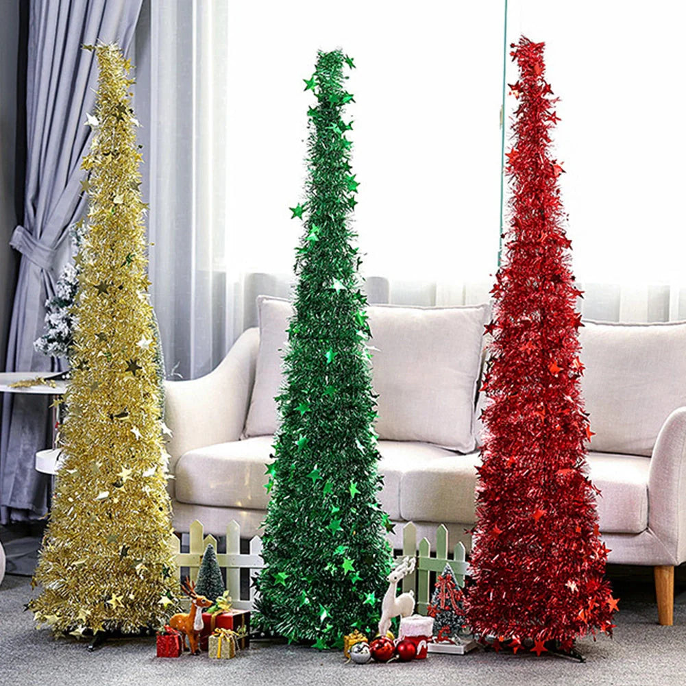 Collapsible artificial Christmas tree with stand and sequin decorations