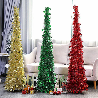 Collapsible artificial Christmas tree with stand and sequin decorations