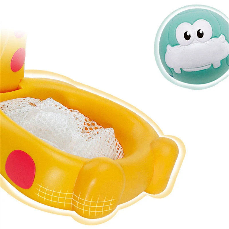 Colourful bath toys including a basketball hoop, fishing rods, and water-squirting animals for engaging bathtime play