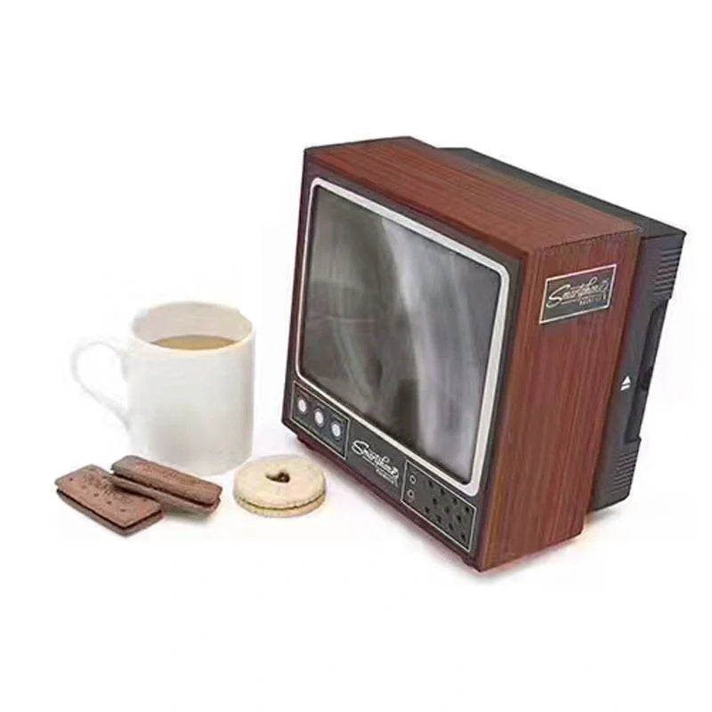 Vintage TV-styled cardboard magnifier for mobile phones, projects onto 8'' screen