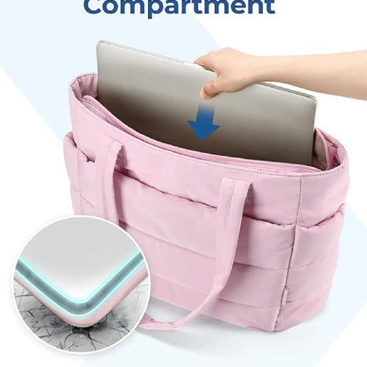 Premium cotton handbag with spacious design, secure zip-top closure, and thoughtful interior organisation for daily use