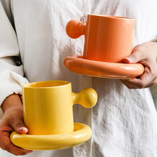 Elegant porcelain egg cup and saucer set in various colors, including white, yellow, orange, and green