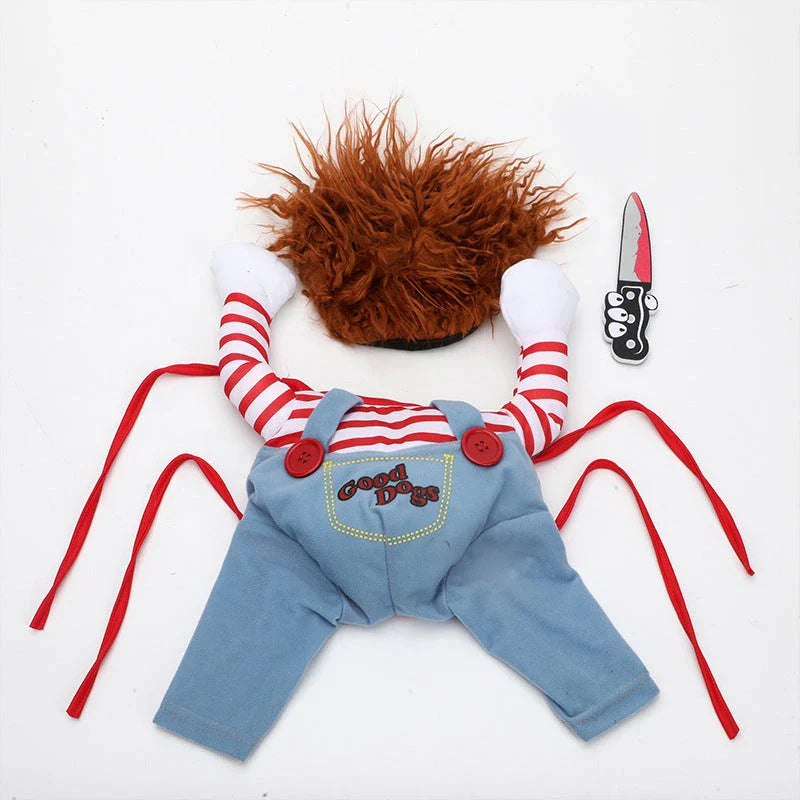 Adjustable Halloween pet costume for dogs in Horseman and Photo Color designs, includes wig and foam knife accessories