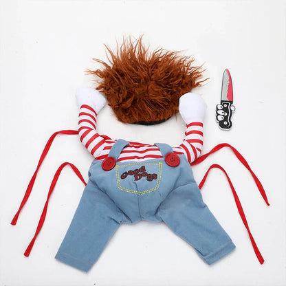Adjustable Halloween pet costume for dogs in Horseman and Photo Color designs, includes wig and foam knife accessories