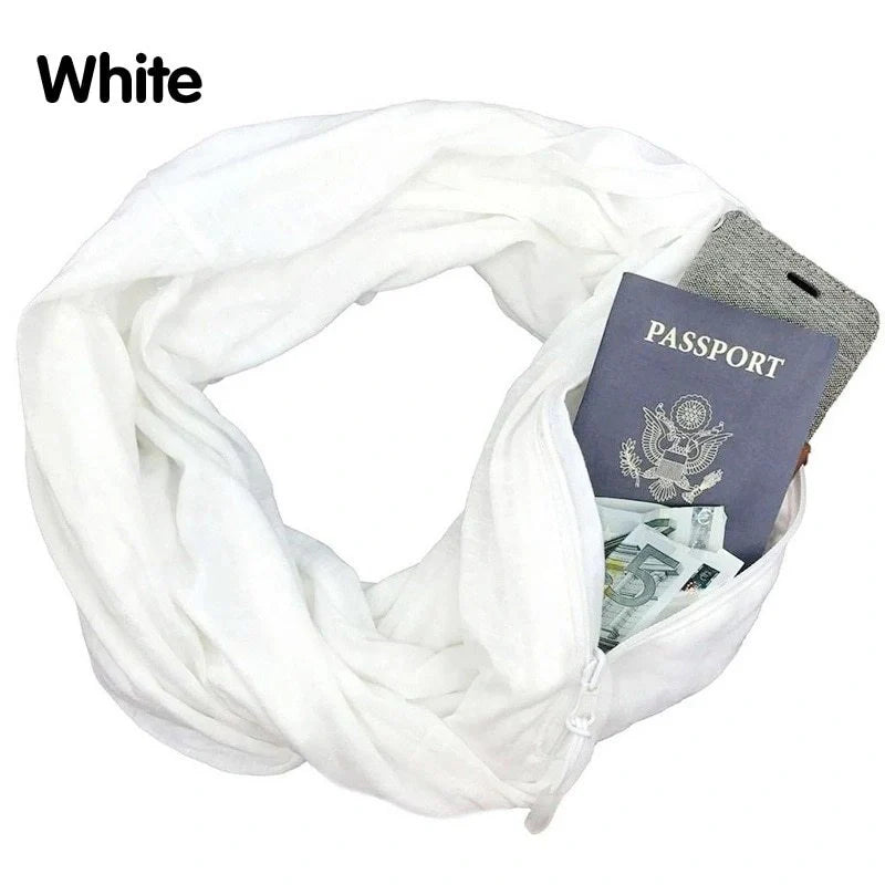 Stylish infinity scarf with hidden pocket in black, grey, and white