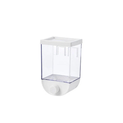 Convenient kitchen food storage container with transparent design, wall-mounted for space-saving storage of cereals, snacks, and other dry goods