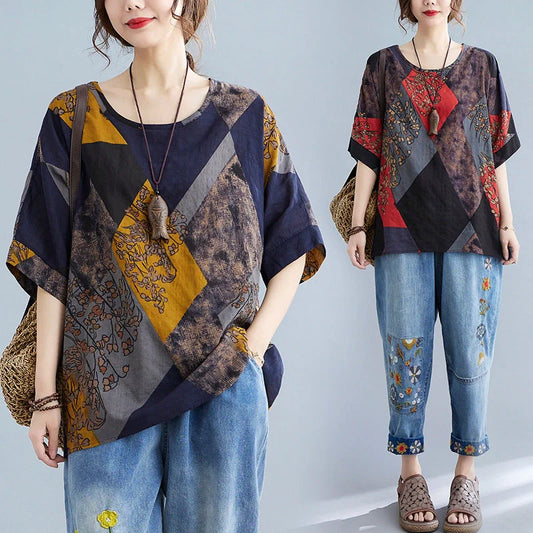 Stylish loose fit women's t-shirt in retro print with vibrant colours of yellow, red, and brown