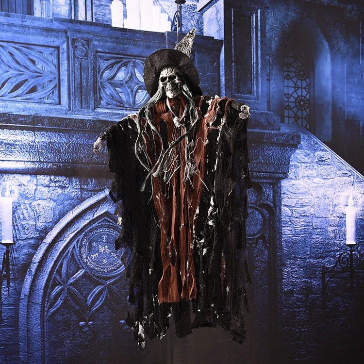 Spooky hanging skeleton ghost with glowing red eyes and haunting cries, perfect for Halloween decor