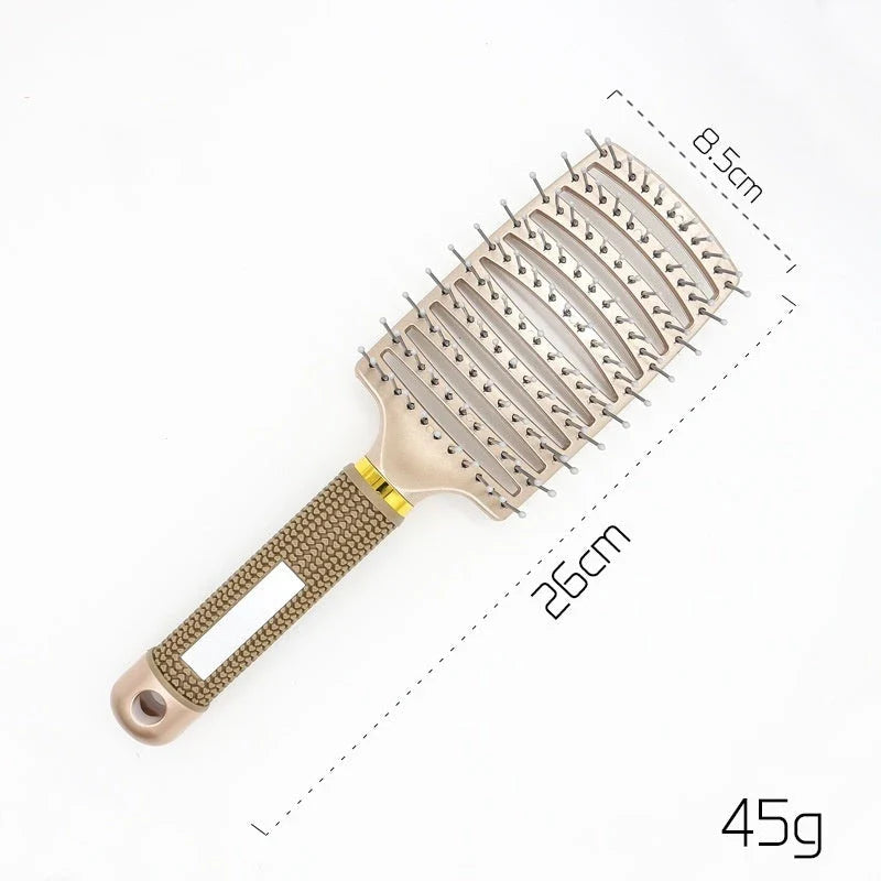 A premium hair brush with a sleek design, featuring soft bristles and a rounded massage function for healthy, detangled hair