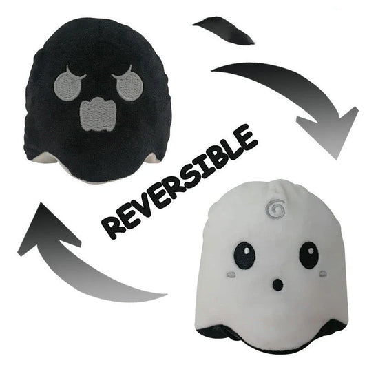 Reversible ghost plush toy with a soft, huggable design and a whimsical, dual-sided expression