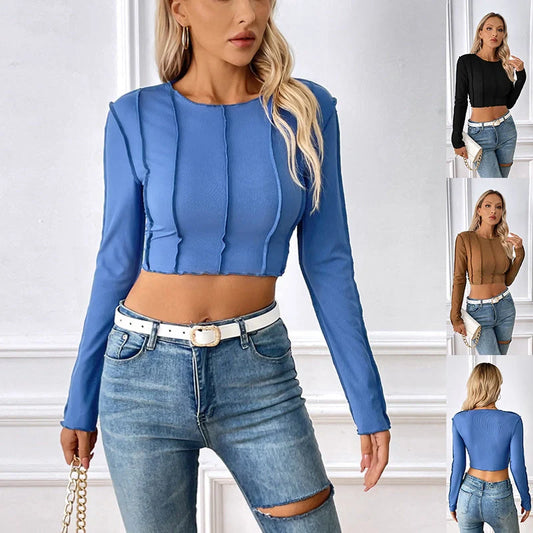 Y2K fashion slim long sleeve T-shirt with exposed stitching design in blue, black, and dark brown.