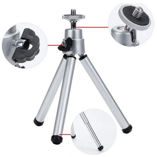 Flexible mini tripod stand for digital cameras and camcorders, with 360-degree swivel and 90-degree tilt for versatile positioning