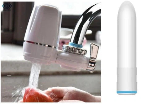 White kitchen tap water purifier with ceramic cartridge and universal adapter