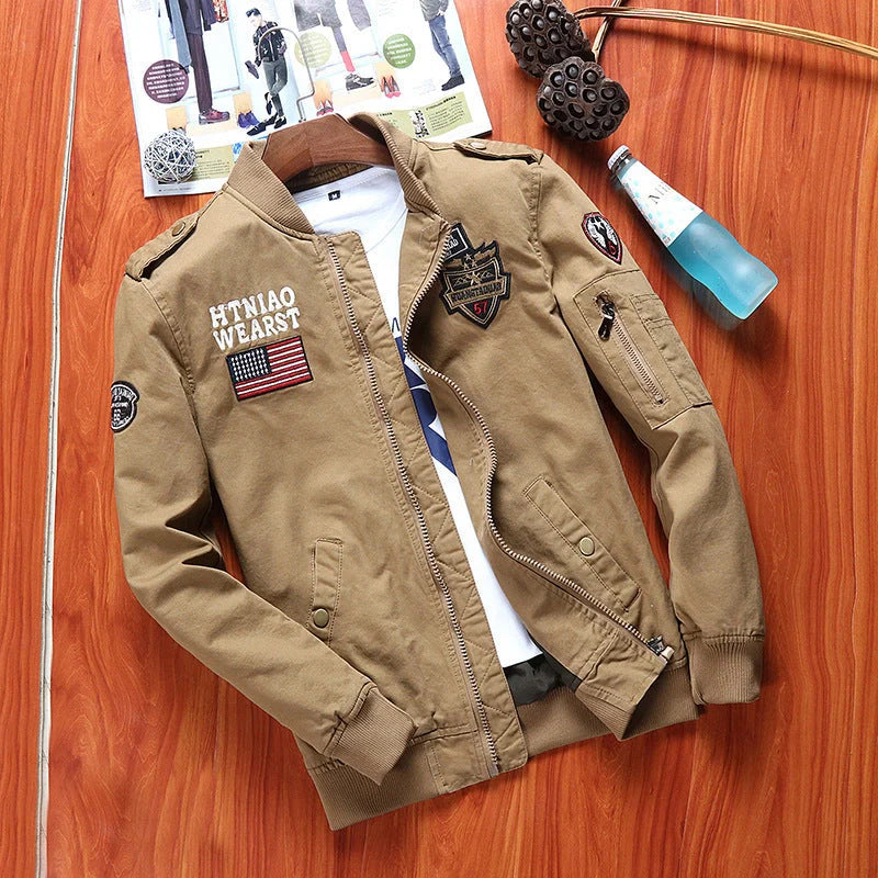 Men's khaki flight jacket with options for cotton lining in various sizes