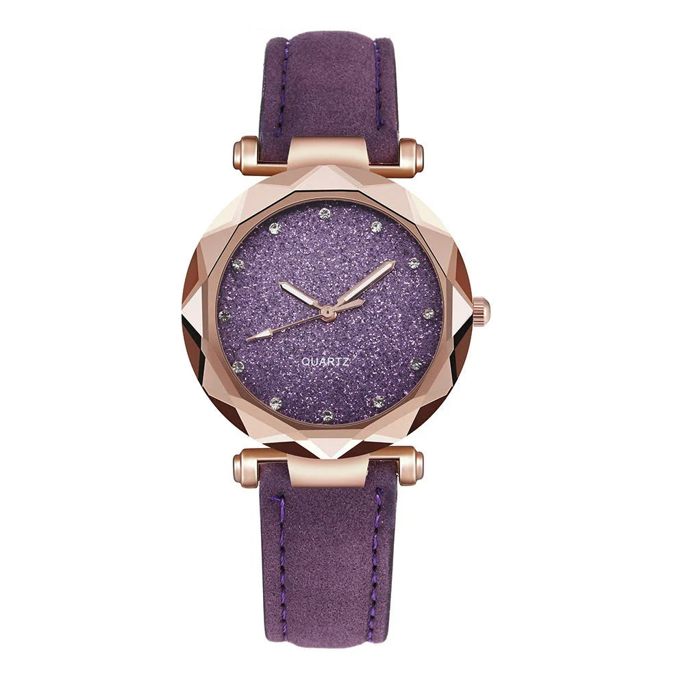 Stylish and versatile starry-patterned watch with a sleek case and comfortable leather strap, available in a variety of captivating colors