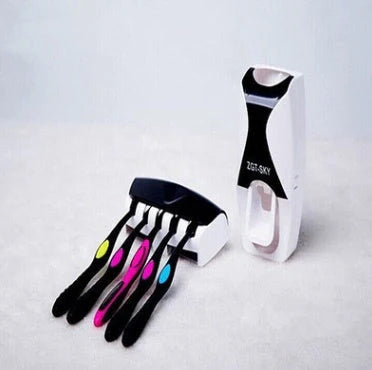 Dust-proof automatic toothpaste squeezer and toothbrush holder set in black, blue, or red