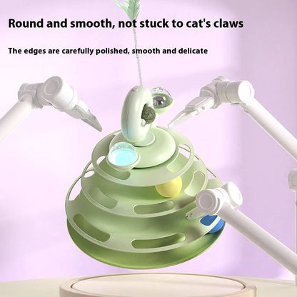 Interactive 4-level cat toy tower with turntable and roller balls in vibrant colours