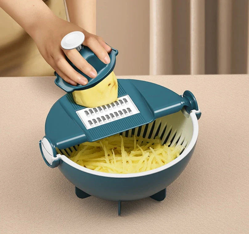A premium 9-in-1 vegetable drainage basket with a unique drainage system and interchangeable blades for efficient meal preparation