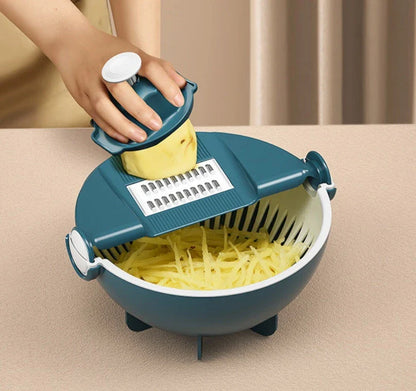 A premium 9-in-1 vegetable drainage basket with a unique drainage system and interchangeable blades for efficient meal preparation