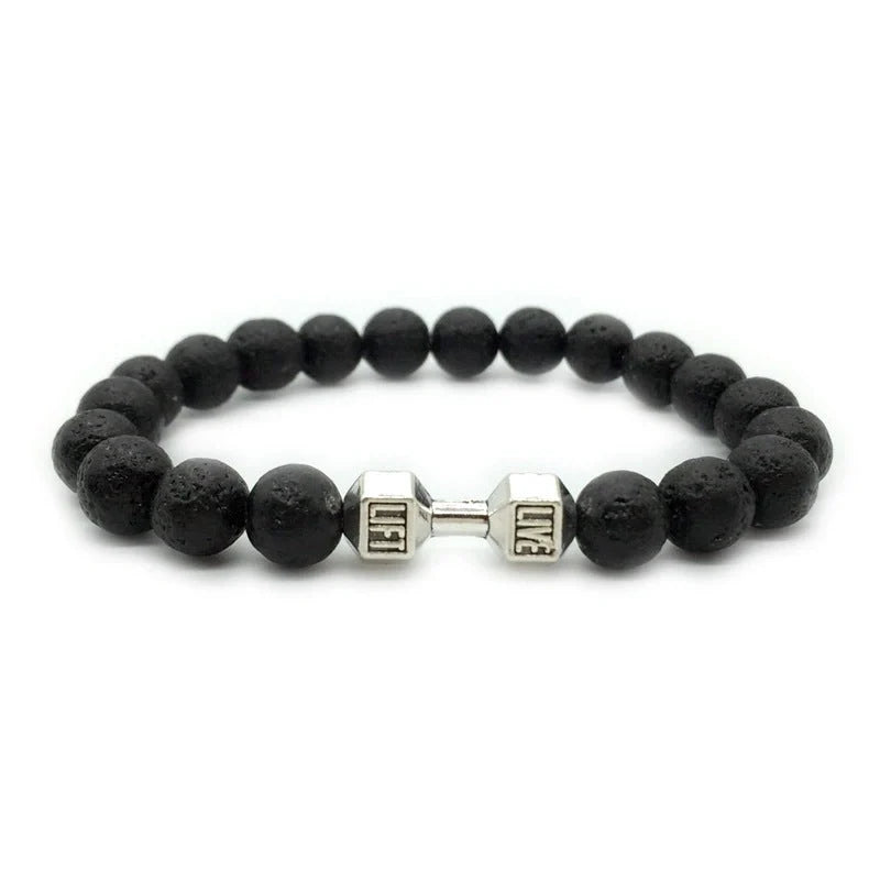 Men's fitness fashion dumbbell bracelet with black and white lava rock and alloy beads