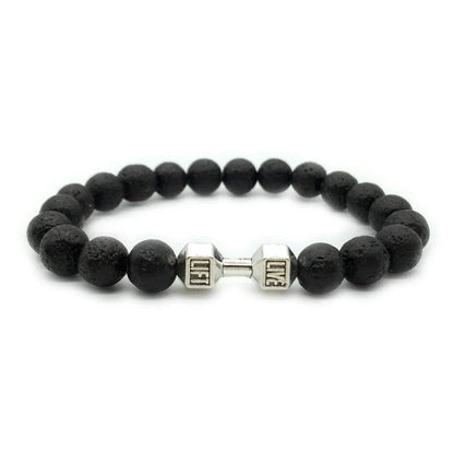 Men's fitness fashion dumbbell bracelet with black and white lava rock and alloy beads