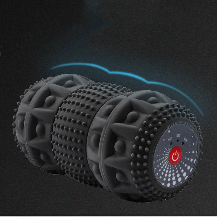 Electric deep tissue foam roller with vibrating peanut massage ball in blue-black grey