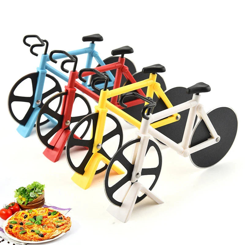 Stainless steel pizza cutter with modern bicycle-inspired design for effortless slicing of pizzas, flatbreads, and more
