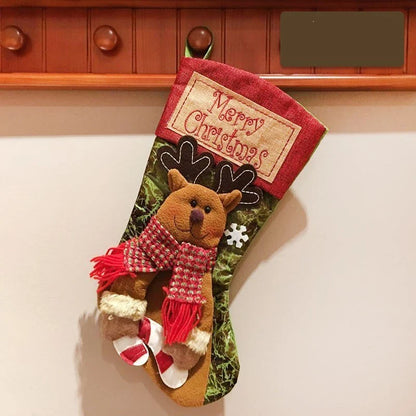 Festive Christmas stockings with 3D appliqués of snowmen, Santa Claus, and elk