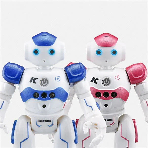 Remote-controlled dancing robot toy with gesture-sensing controls, preprogrammed songs and dances, and customizable programming capabilities