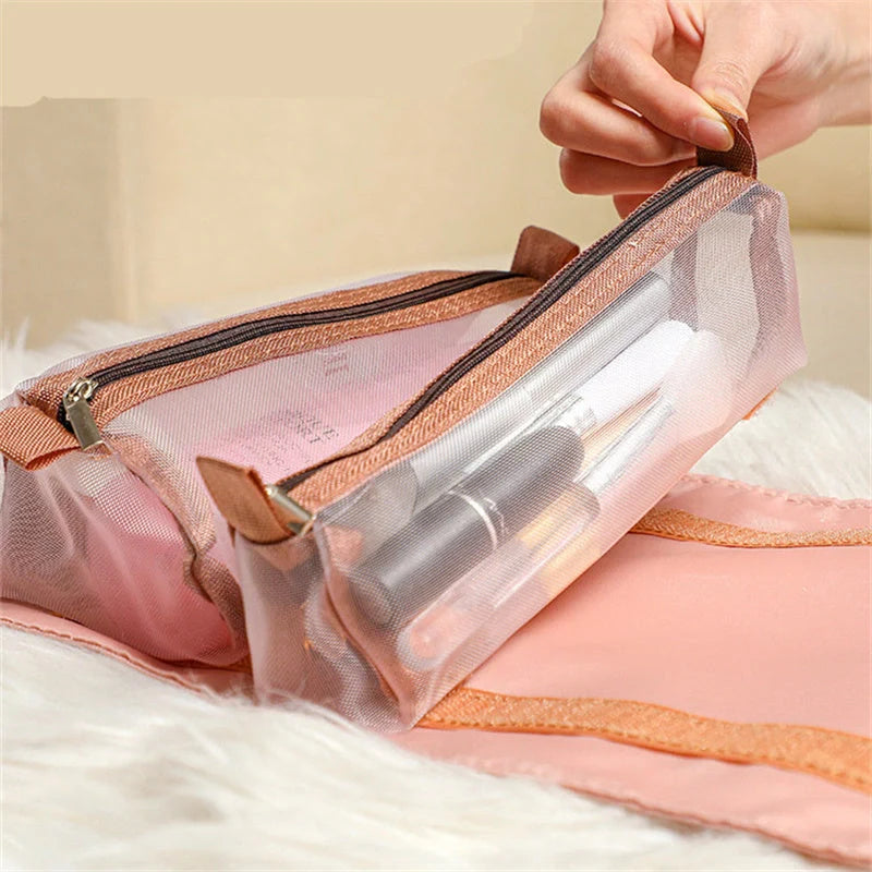 4-in-1 detachable cosmetic bag in green, pink, or black with waterproof material