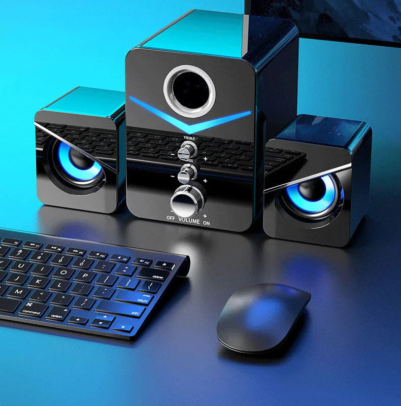 Wireless Bluetooth desktop speaker with vibrant LED lighting, providing rich, room-filling sound and customizable controls for the perfect audio experience.