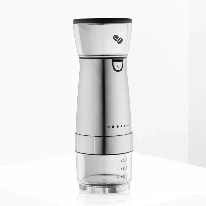 Premium stainless steel electric coffee grinder with adjustable grind settings, USB charging, and sleek modern design