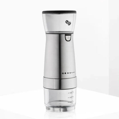 Premium stainless steel electric coffee grinder with adjustable grind settings, USB charging, and sleek modern design