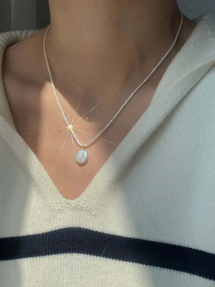 Elegant S925 Sterling Silver Baroque Pearl Necklace with starry sky chain